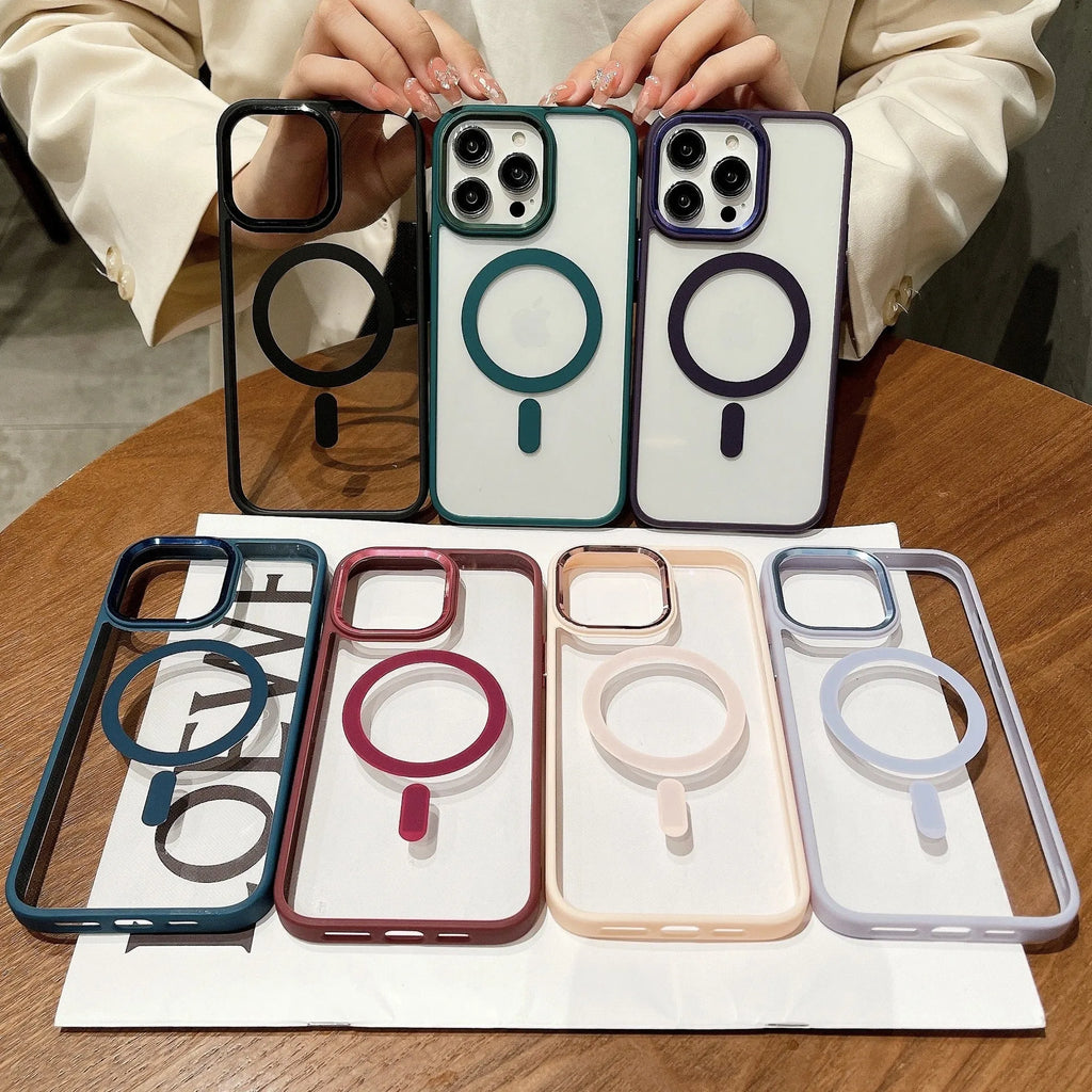 Lens transparent magnetic phone case for iPhone showing hard shell in purple colour