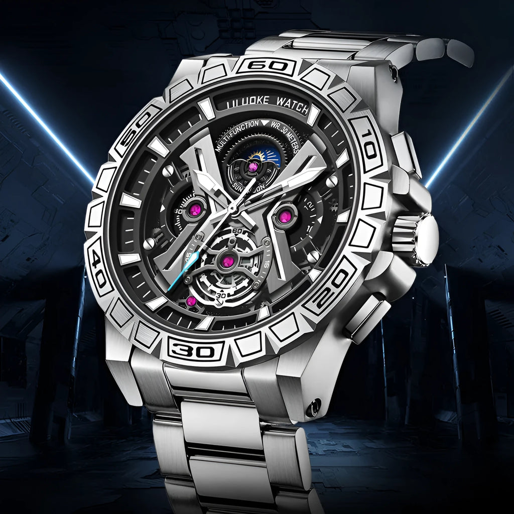 Men's black stainless steel multifunction quartz watch with luminous rotating dial and 13mm thick case