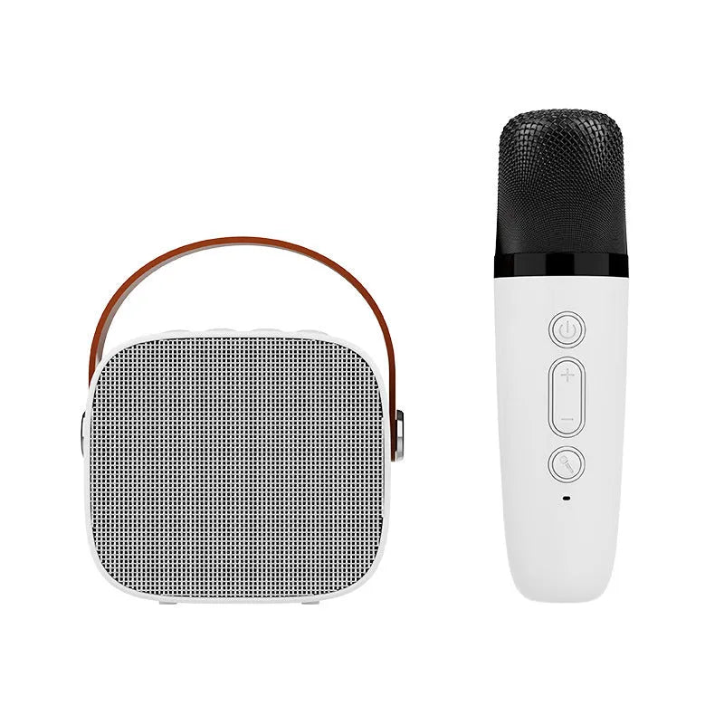 Compact blue wireless Bluetooth portable speaker with built-in microphone on a table.