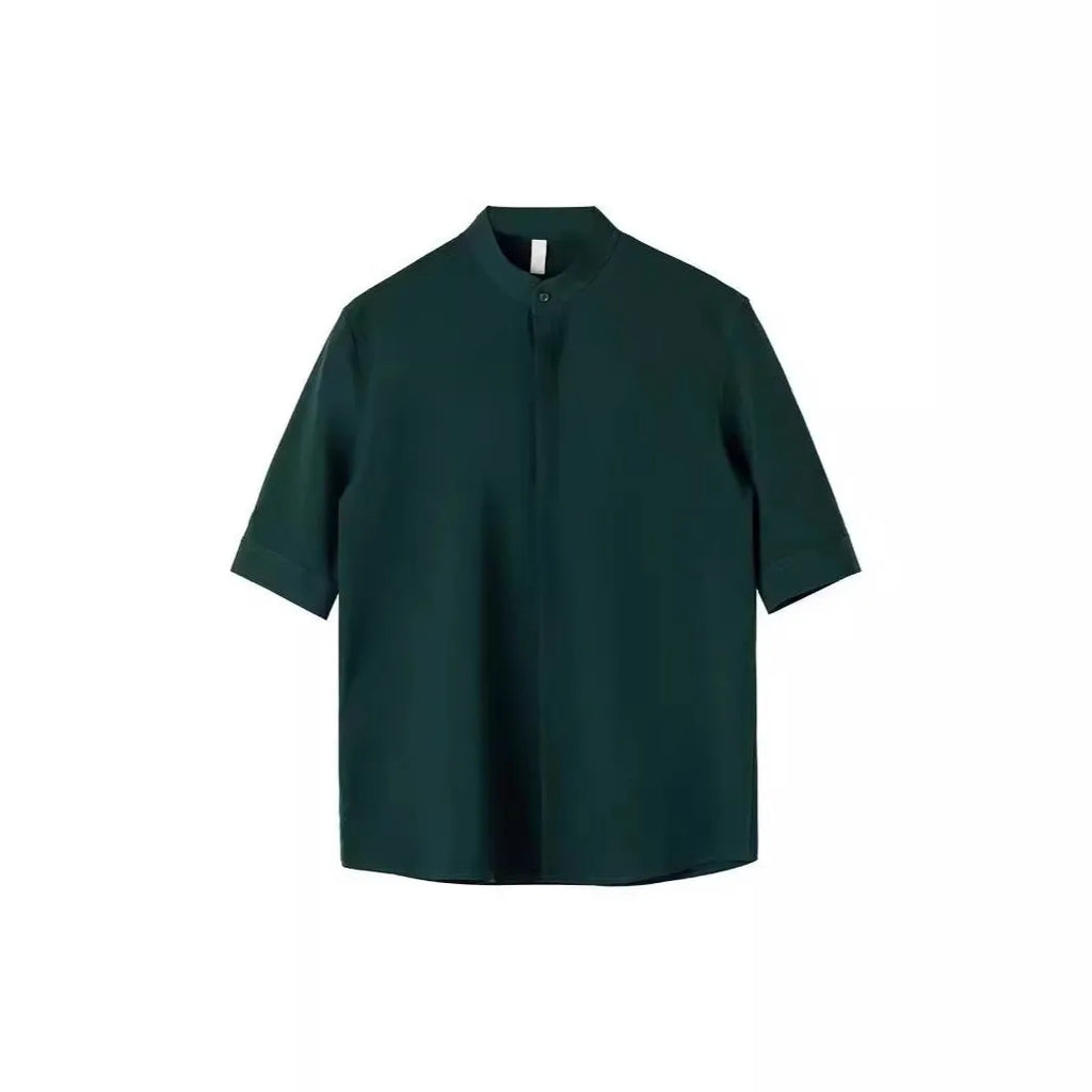 Men's thin stand collar short sleeve shirt in black, half sleeve, polyester blend fabric
