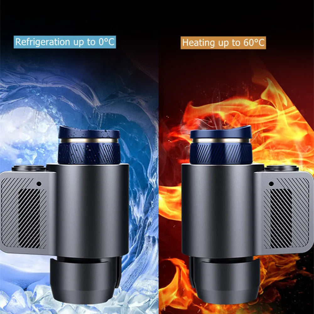 Smart portable car hot cold coffee cup with digital temperature display, ABS and aviation aluminium, on a car console
