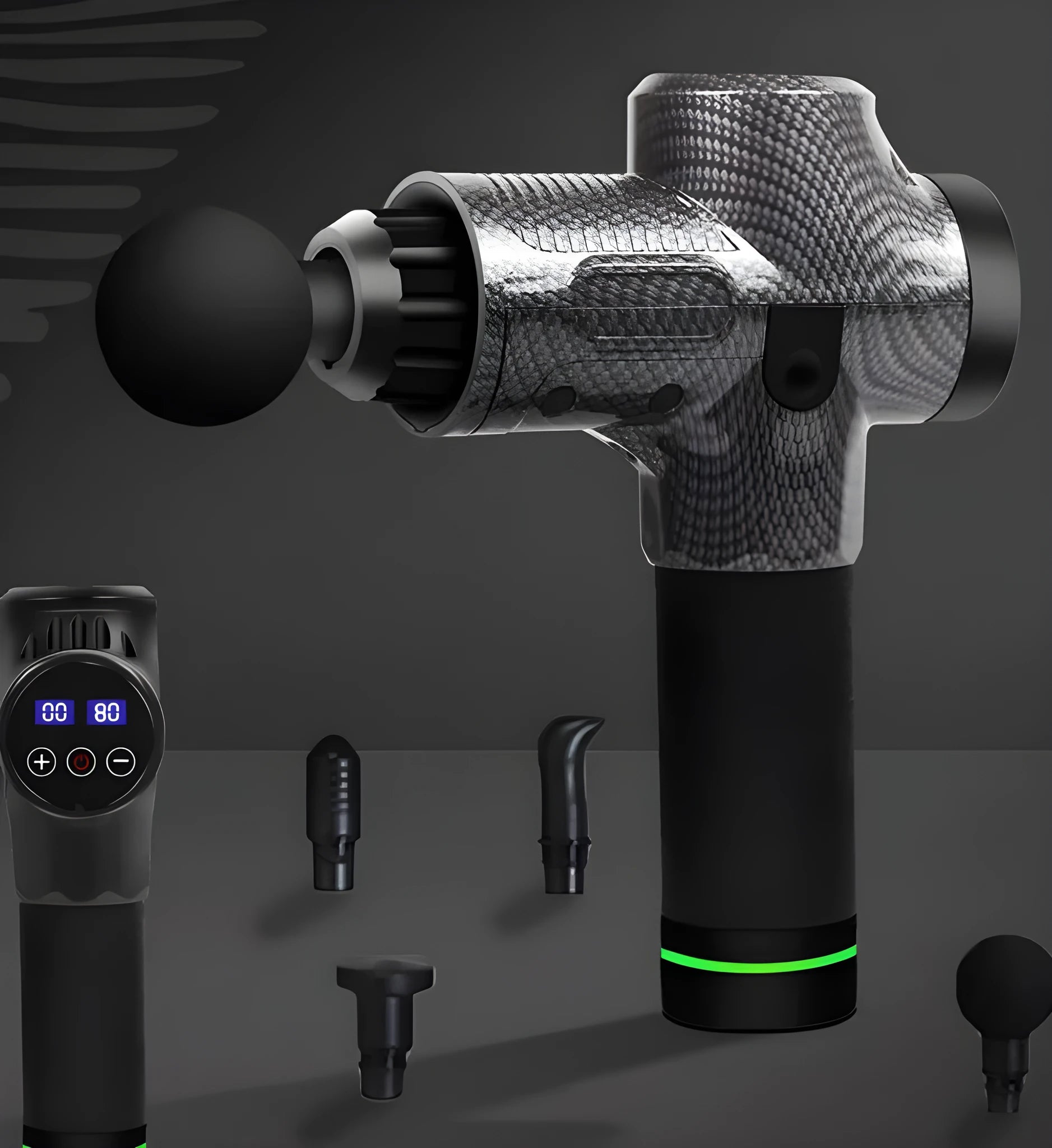 Black electric percussion massage gun with 7 different coloured attachment heads on a table.