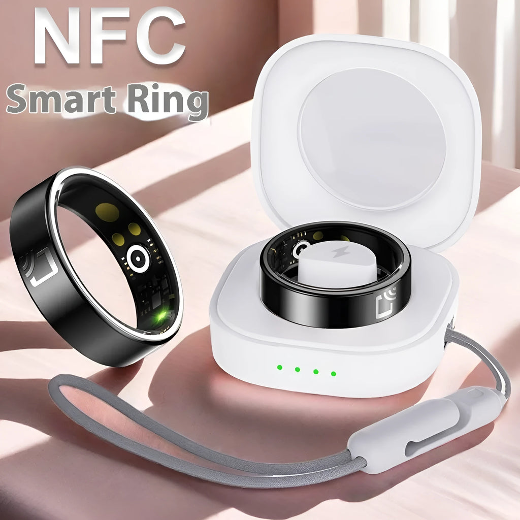 Black ceramic smart ring for heart rate, blood oxygen, and sleep monitoring on a finger