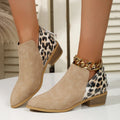 Women's leopard print pointed toe chunky heel boots in brown suede with back zipper