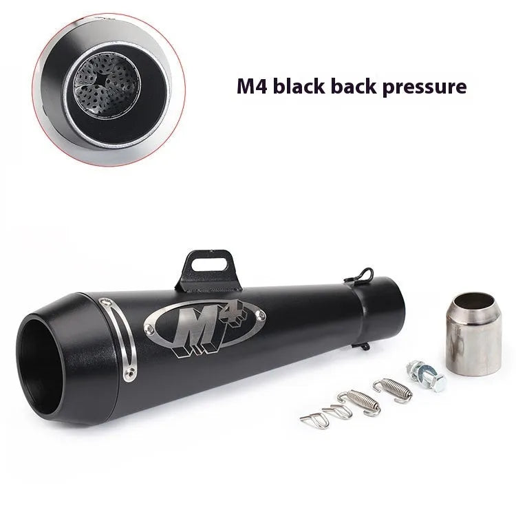Universal M4 motorcycle exhaust pipe in multiple finish options including black, white steel, titanium and blue