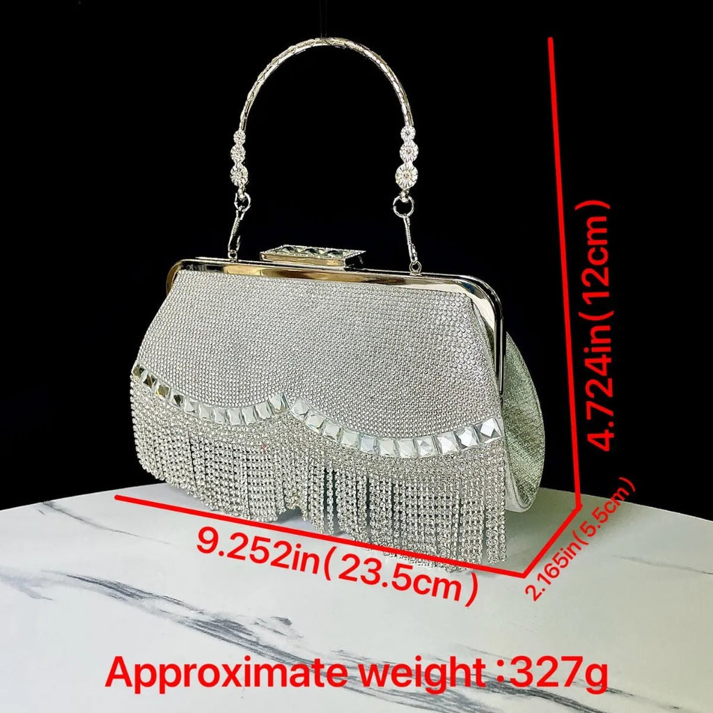 Tassel banquet bag in silver, gold or black polyester with shell shape and chain detail