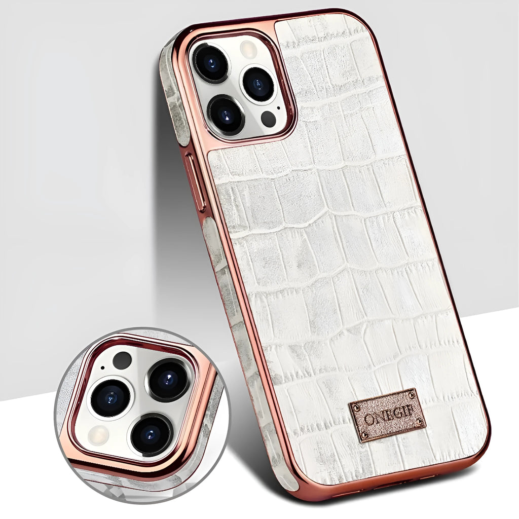Real leather phone case with electroplated grid screen for iPhone 12 and 12 Pro Max in white, pink or green