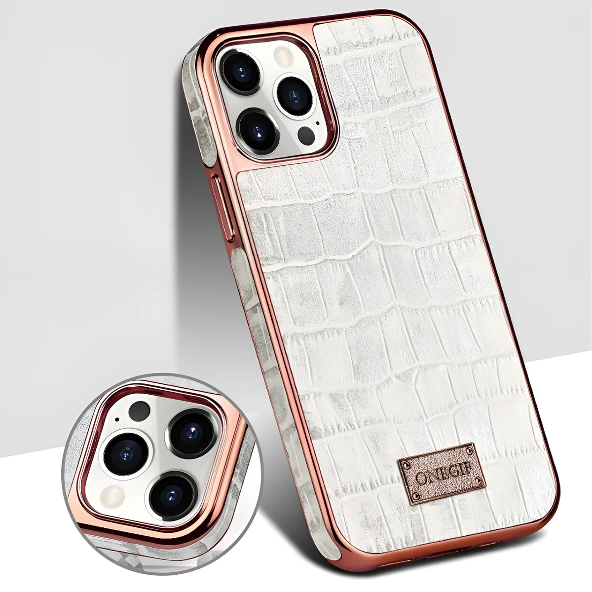 Real leather phone case with electroplated grid screen for iPhone 12 and 12 Pro Max in white, pink or green