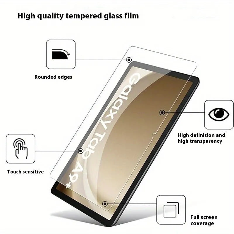 Samsung Galaxy tablet with a clear tempered glass screen protector applied, showing HD clarity.