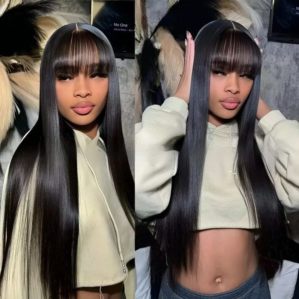 Natural colour human hair straight fringe wig on a stand, showing full-mechanism headgear back