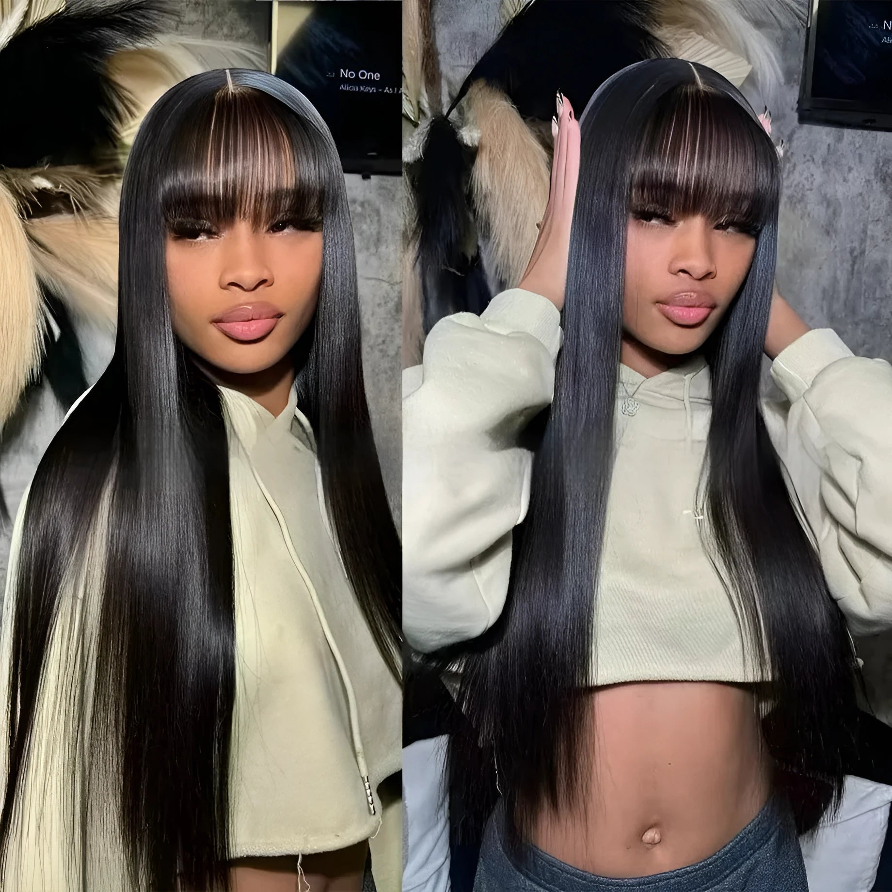 Natural colour human hair straight fringe wig on a stand, showing full-mechanism headgear back