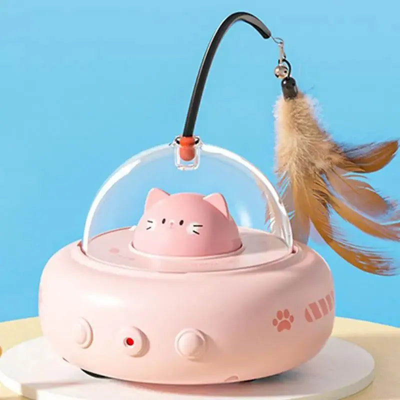 Pink or white rechargeable electric cat toy with feather teaser wand, 360 red light beam, ABS body, 11.5x11x28cm