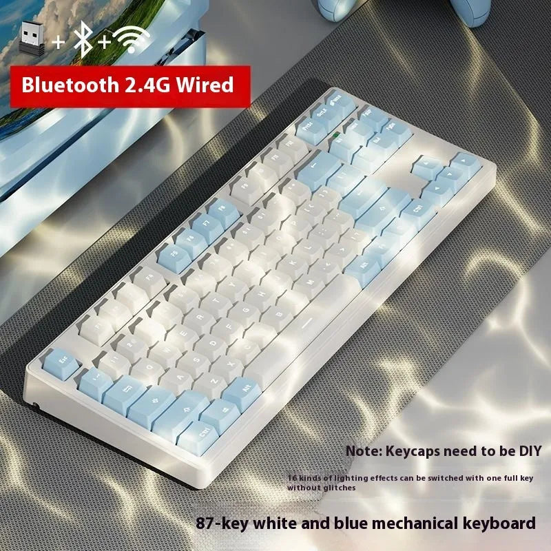 Mechanical keyboard with three connectivity modes in blue and white colour matching design