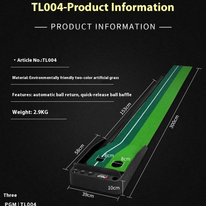 PGM 3m indoor putting mat with baffle, plastic base, and simulated grass surface on a floor