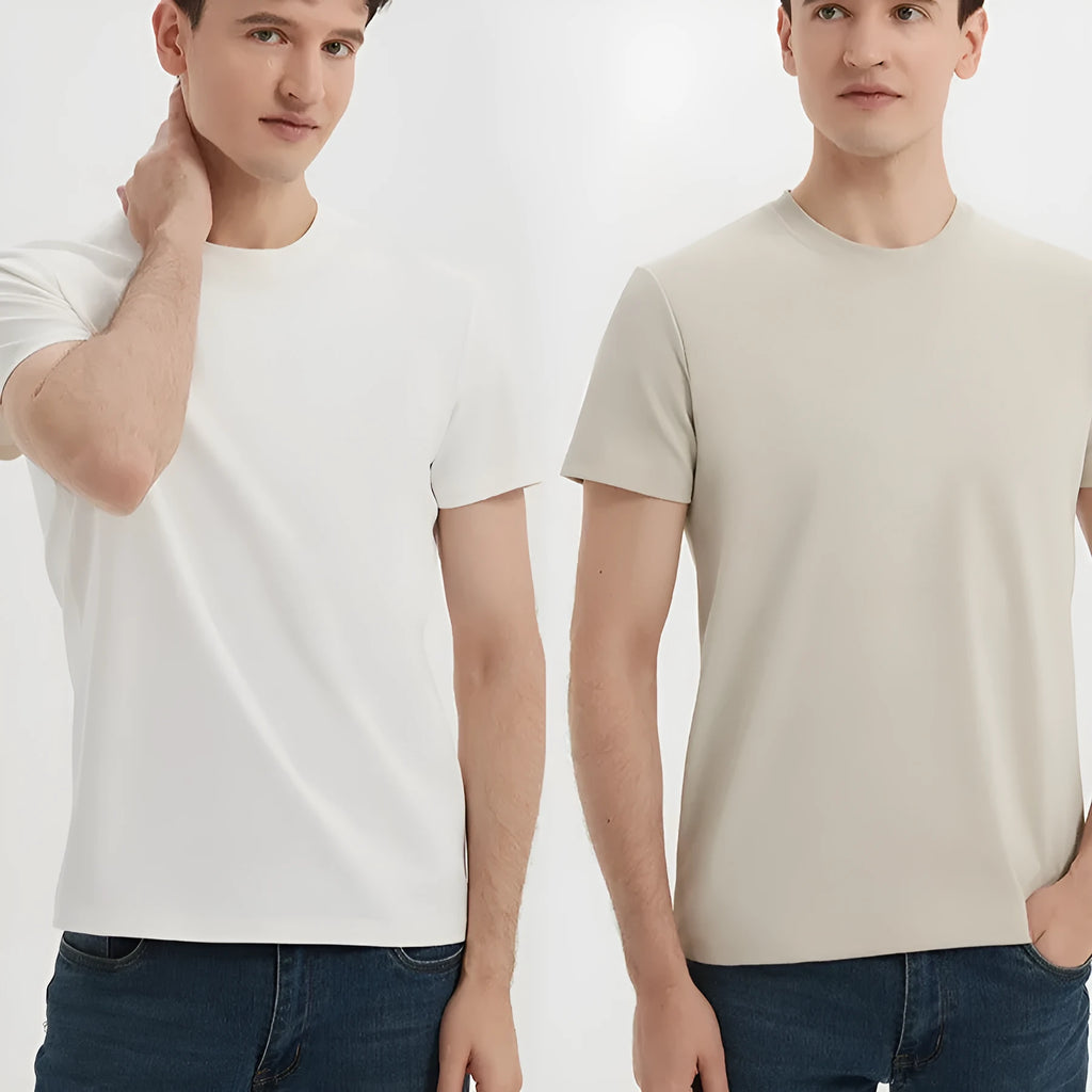 Men's beige short sleeve antibacterial quick-dry polo shirt laid flat, showing straight cut and regular sleeves.