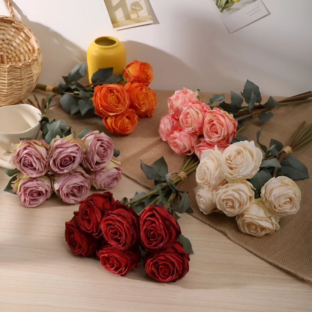 Single burnt edge simulated silk rose artificial flower with 38cm stem on neutral background