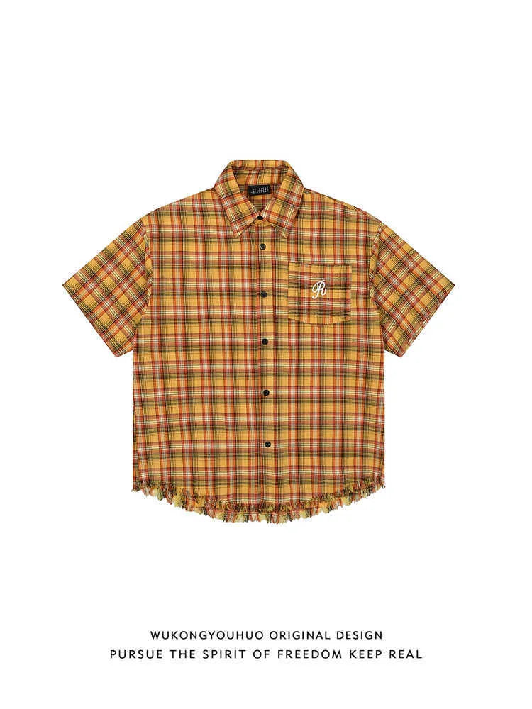 Yellow plaid short sleeve shirt with embroidery pocket detail in loose fit for men and women
