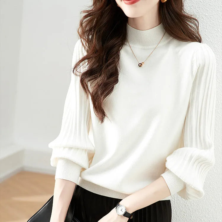 Slim-fit half turtleneck pullover shirt with sunken stripe pattern in apricot colour.