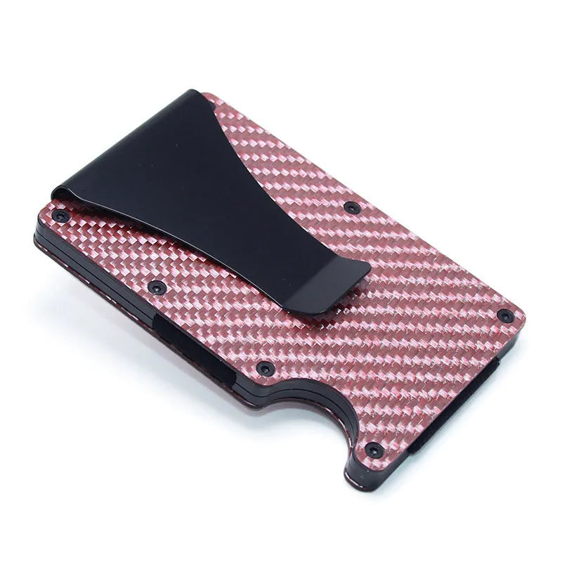 Geometric carbon fibre card wallet with business cards showing 8mm thickness