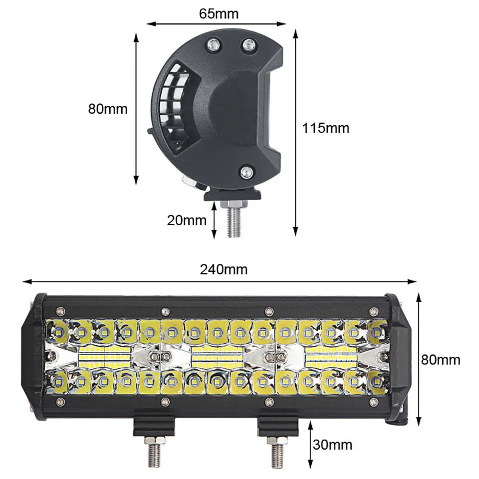 Automotive LED strip light three-row work light 12-24V aluminium housing with mounting bracket