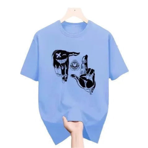 Men's short sleeve mesh T-shirt with cartoon print in various colours showing breathable fabric texture