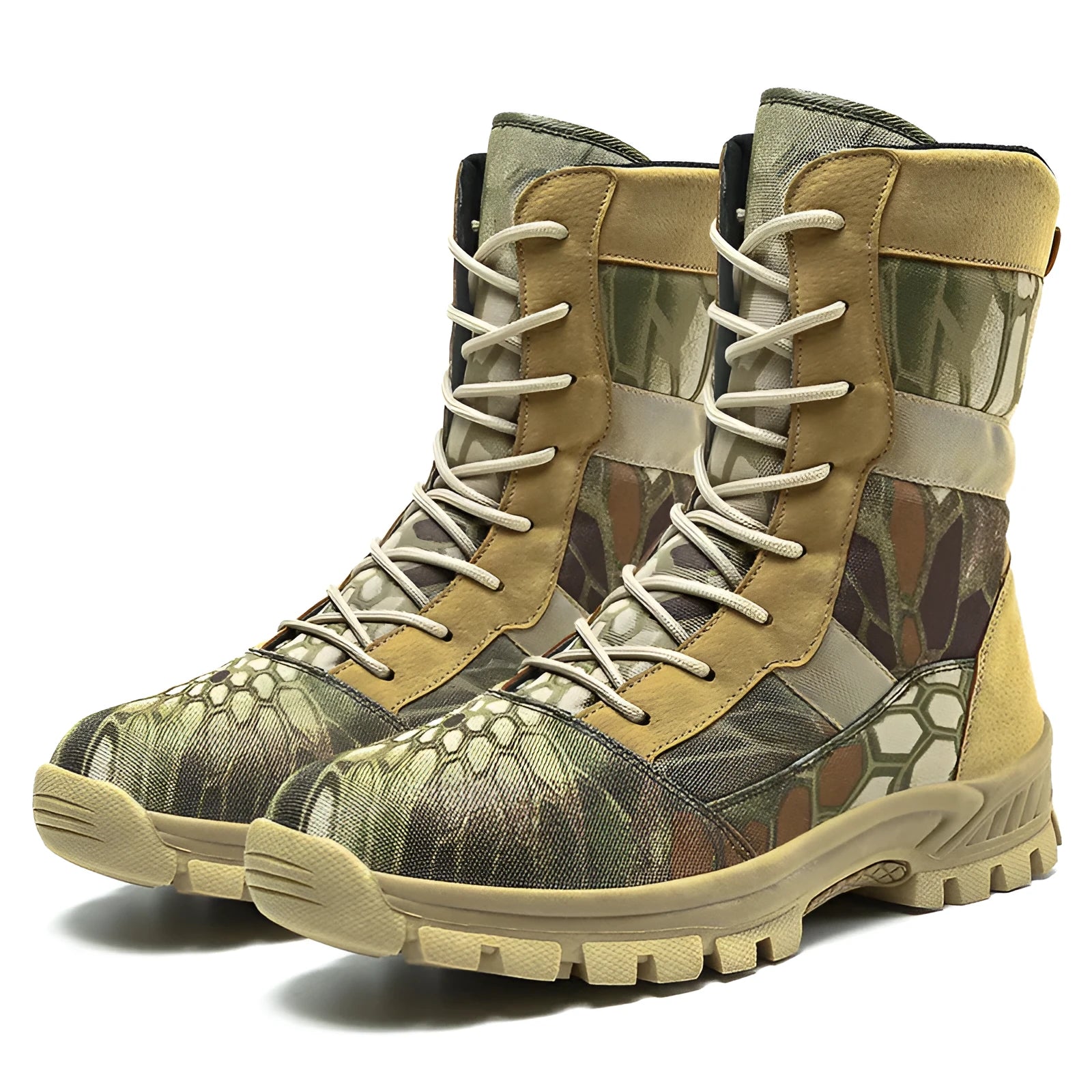 Men's black high-top combat boots with mesh upper and totem detailing, UK size 44