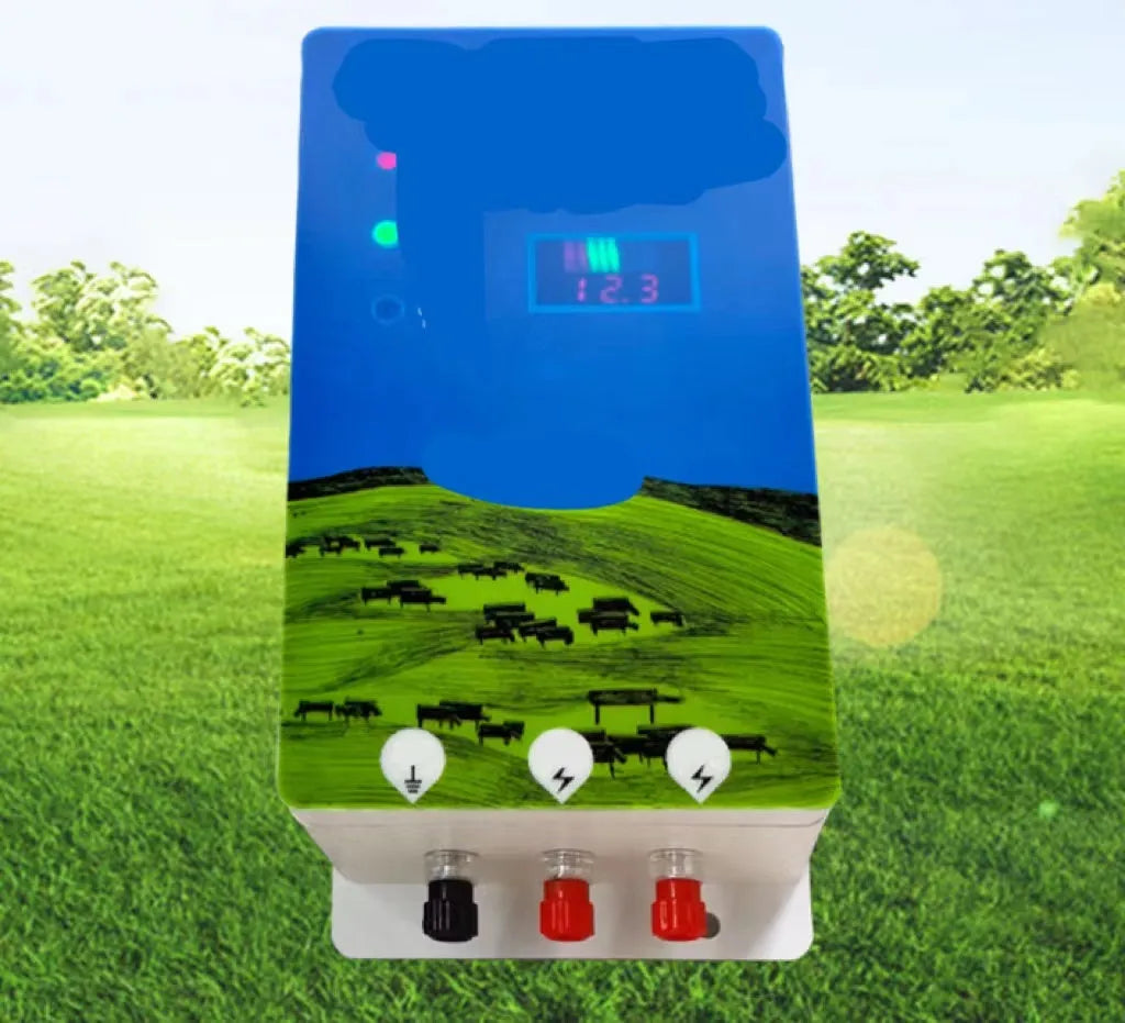 High voltage pulse electric fence energiser unit with alarm host and charger for livestock pasture security.