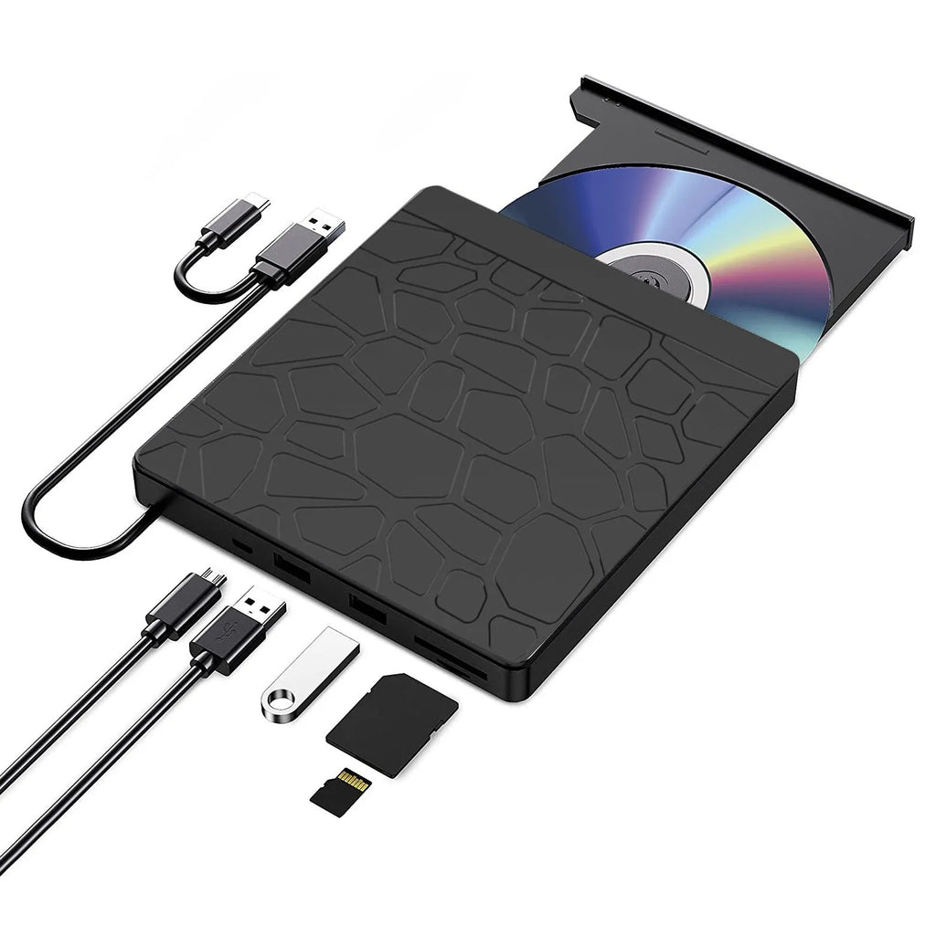 Black 5-in-1 external optical drive for notebook computer with dual interface, size 15.4x14.3x1.8cm