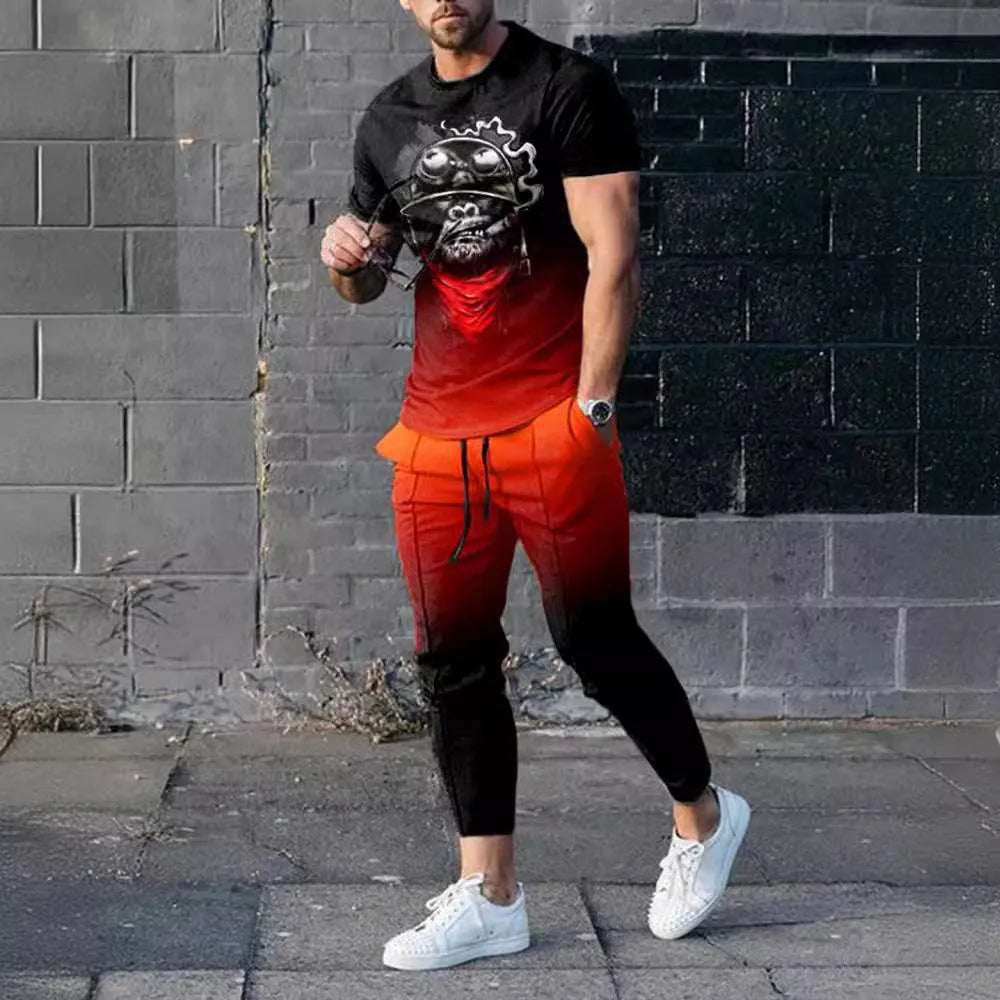 Man wearing a short-sleeved pullover and matching trousers from a polyester-blend suit set.
