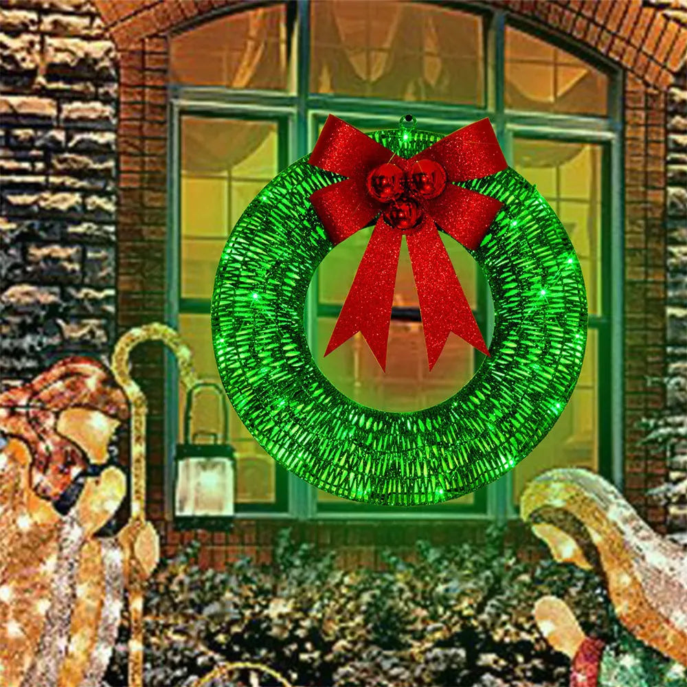 50cm handmade Christmas garland with bowknot, 140 LED warm lights, gold or green, for door or wall