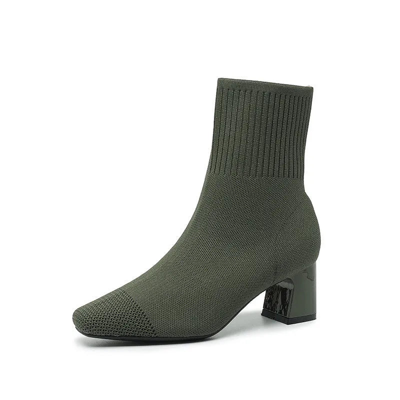 Women's chunky heel knitted sock boots in solid colour, mid-calf length with square toe and cotton lining