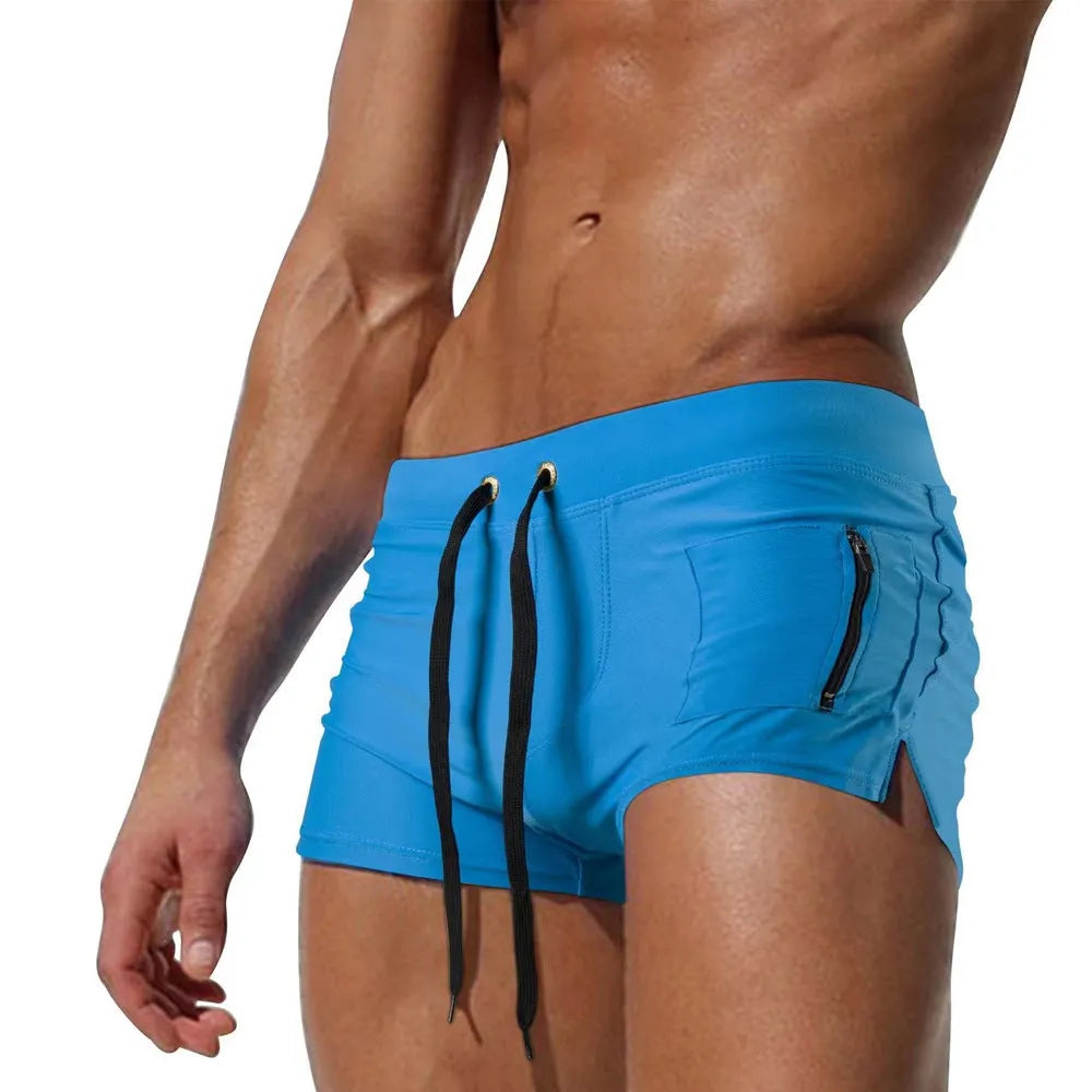 Men's black high waist tight lace-up polyester swimming trunks on a white background