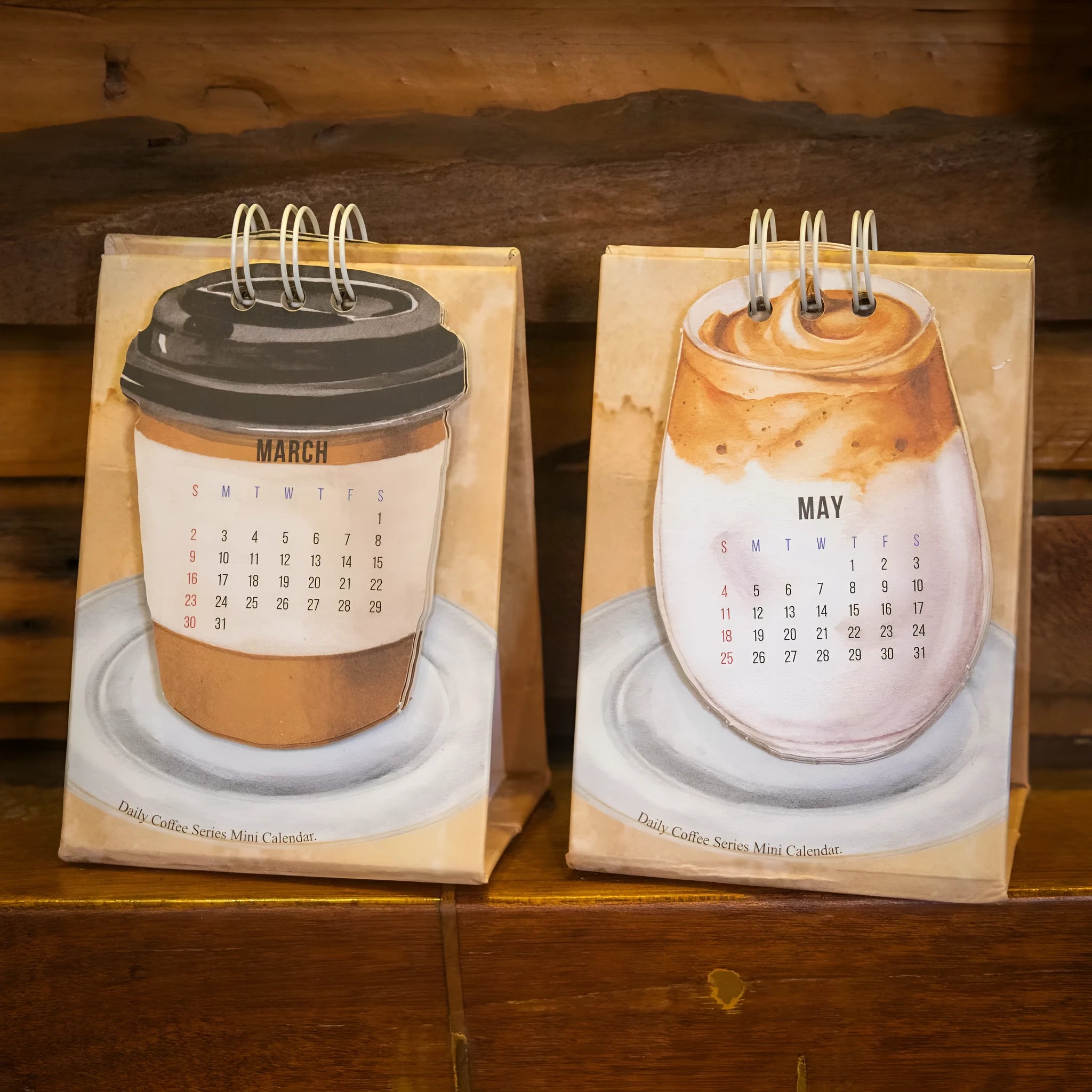 Mini 2025 desk calendar showing coffee theme with motivational design