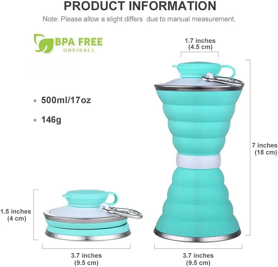 Collapsed and unfolded 500ml silicone travel cup in various colours with lid and carry hook