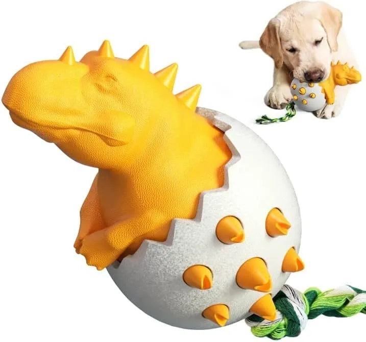 Dinosaur design blue rubber dog chew toy with rope for aggressive chewers