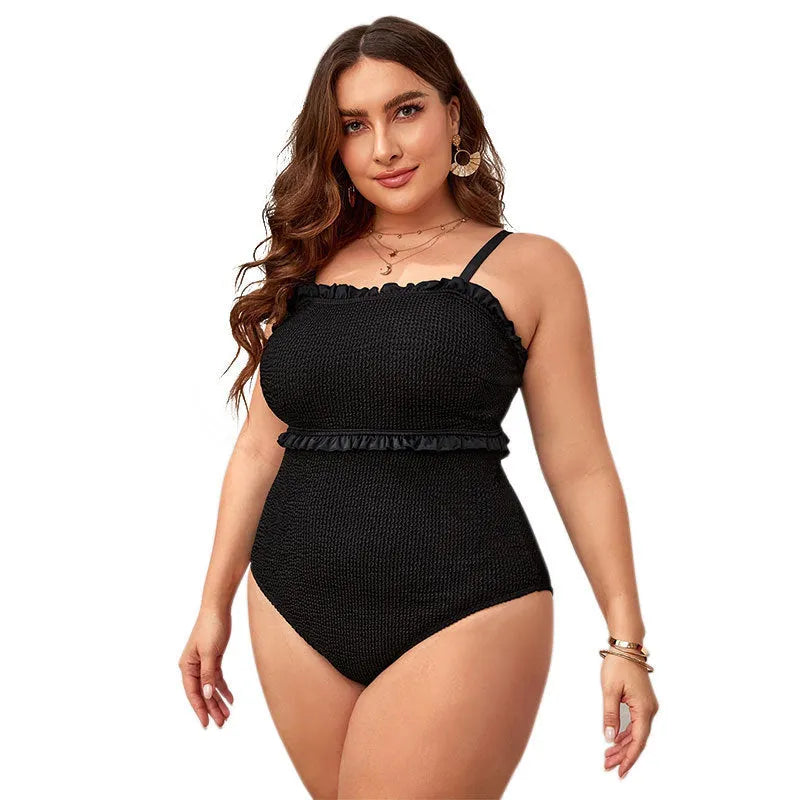 Black plus size women's bikini triangle swimsuit with double shoulder straps