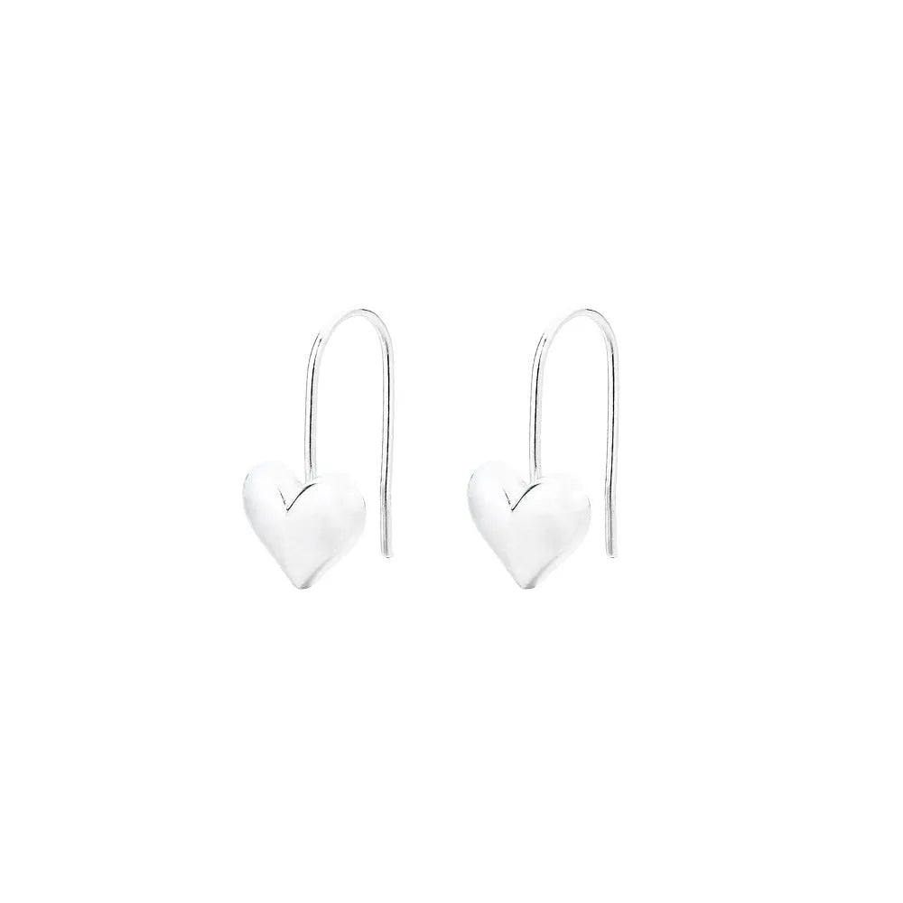 Pair of silver-tone 3D glossy heart-shaped drop earrings on a white background.