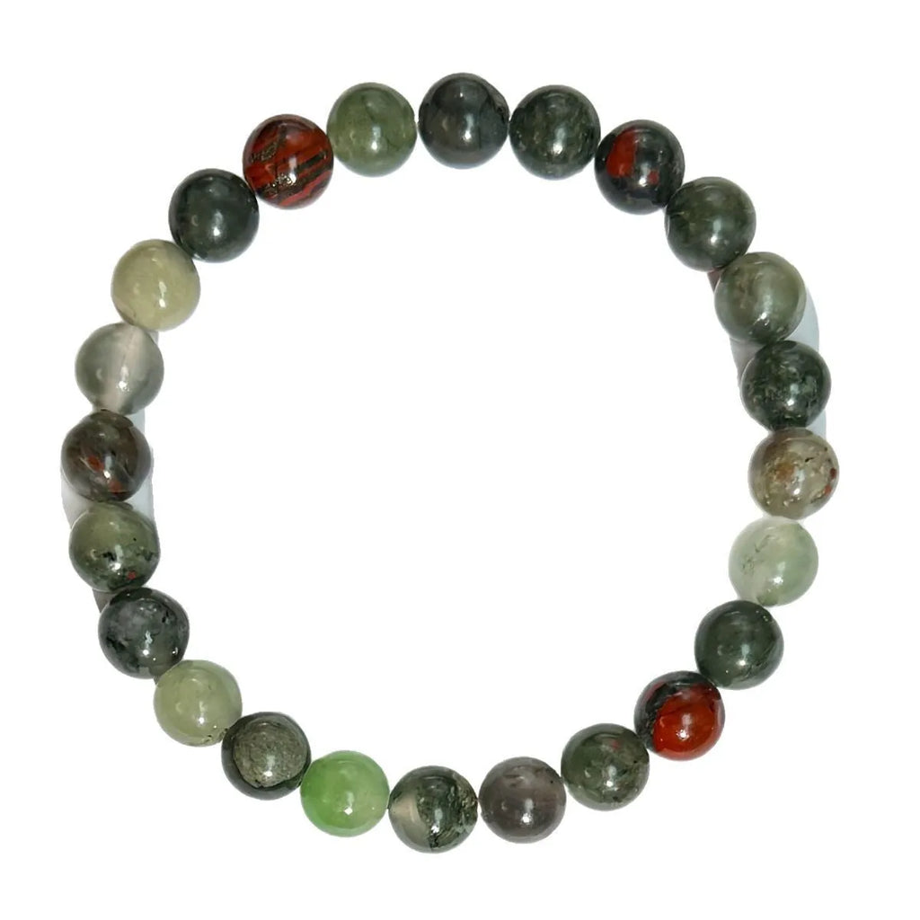 Handmade African Bloodstone beaded bracelet with 8mm transparent glass beads on neutral background