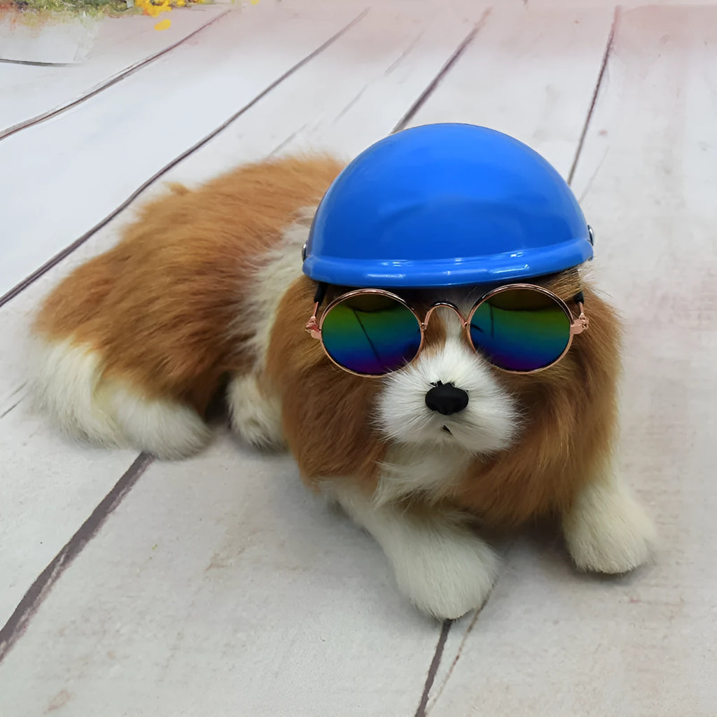 Plastic dog motorcycle helmet in various colours showing three size options