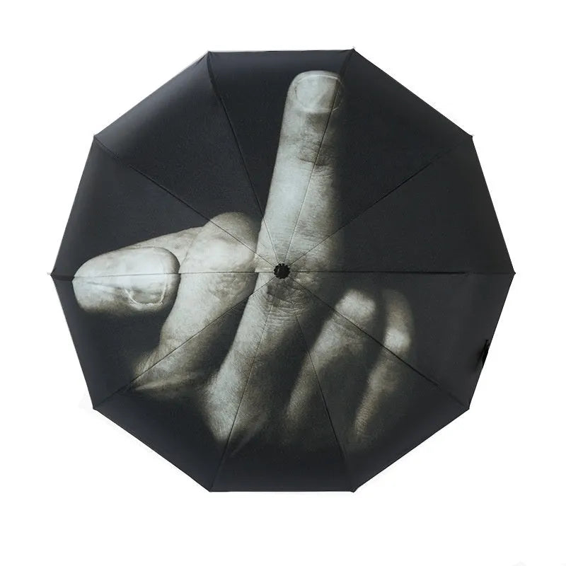Tri-fold folding umbrella showing eccentric gesture pattern with iron frame and plastic handle