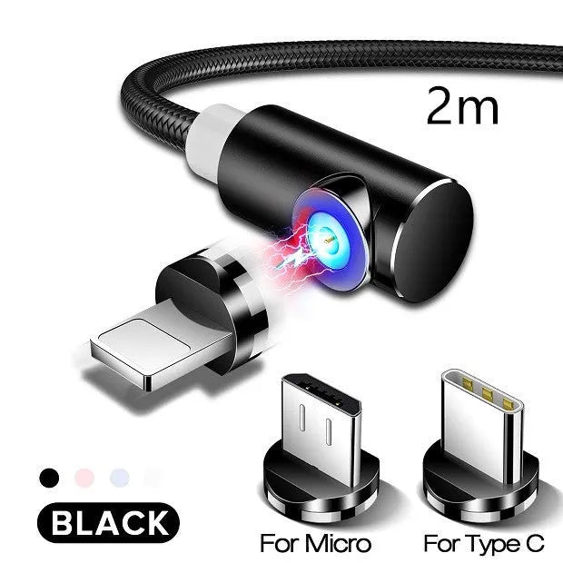 Black magnetic charging cable with aluminium connectors for Micro USB, Type C, and Apple devices.