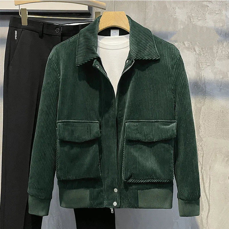 Corduroy coat for men, loose fit, drawstring sleeves, green colour, front view with relaxed silhouette