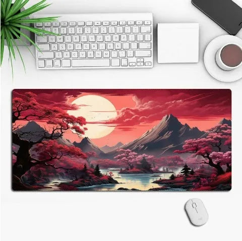 Custom anime graphic gaming mouse pad with non-slip rubber base on a wooden desk.