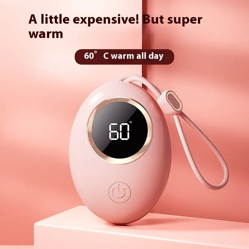 USB hand warmer with digital display in six colour options including pink, blue, green, and white
