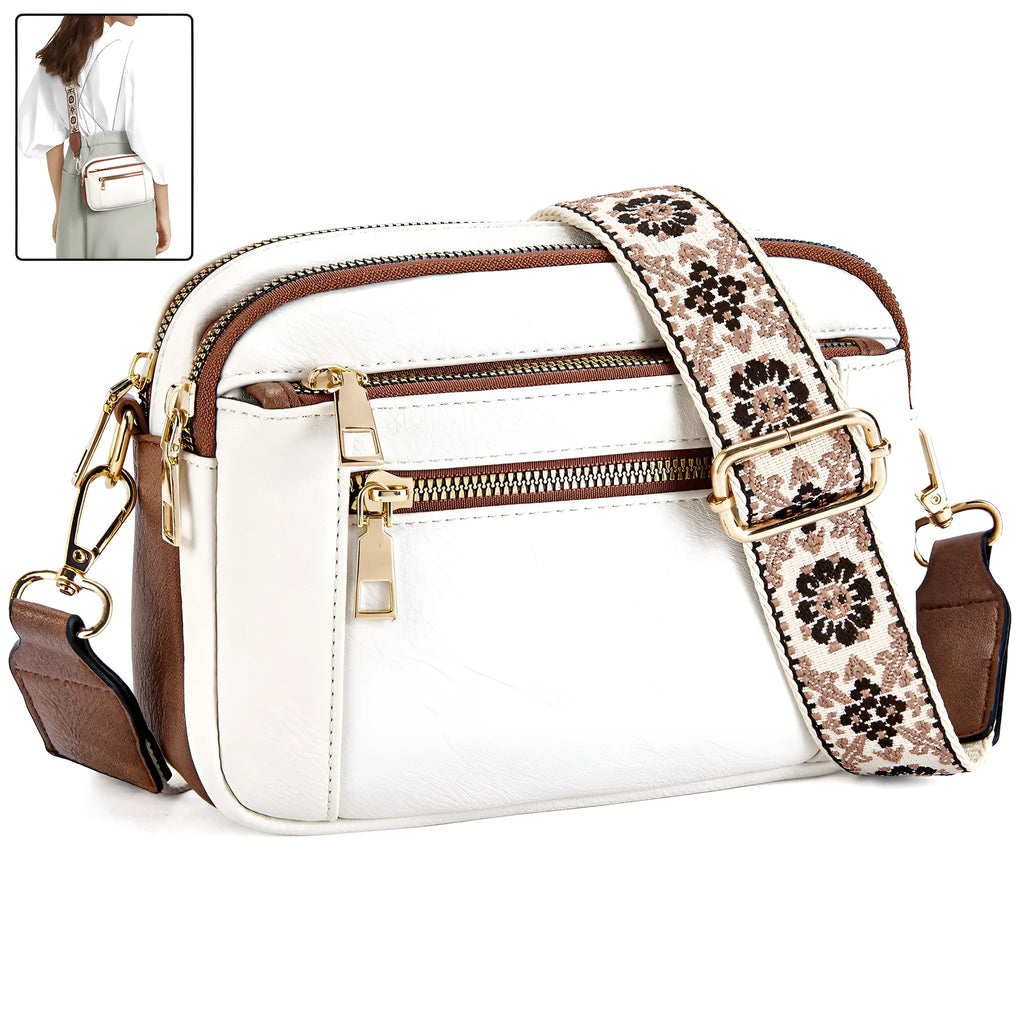 Triple-zipper shoulder bag with floral embroidered straps in colourblock finish for women