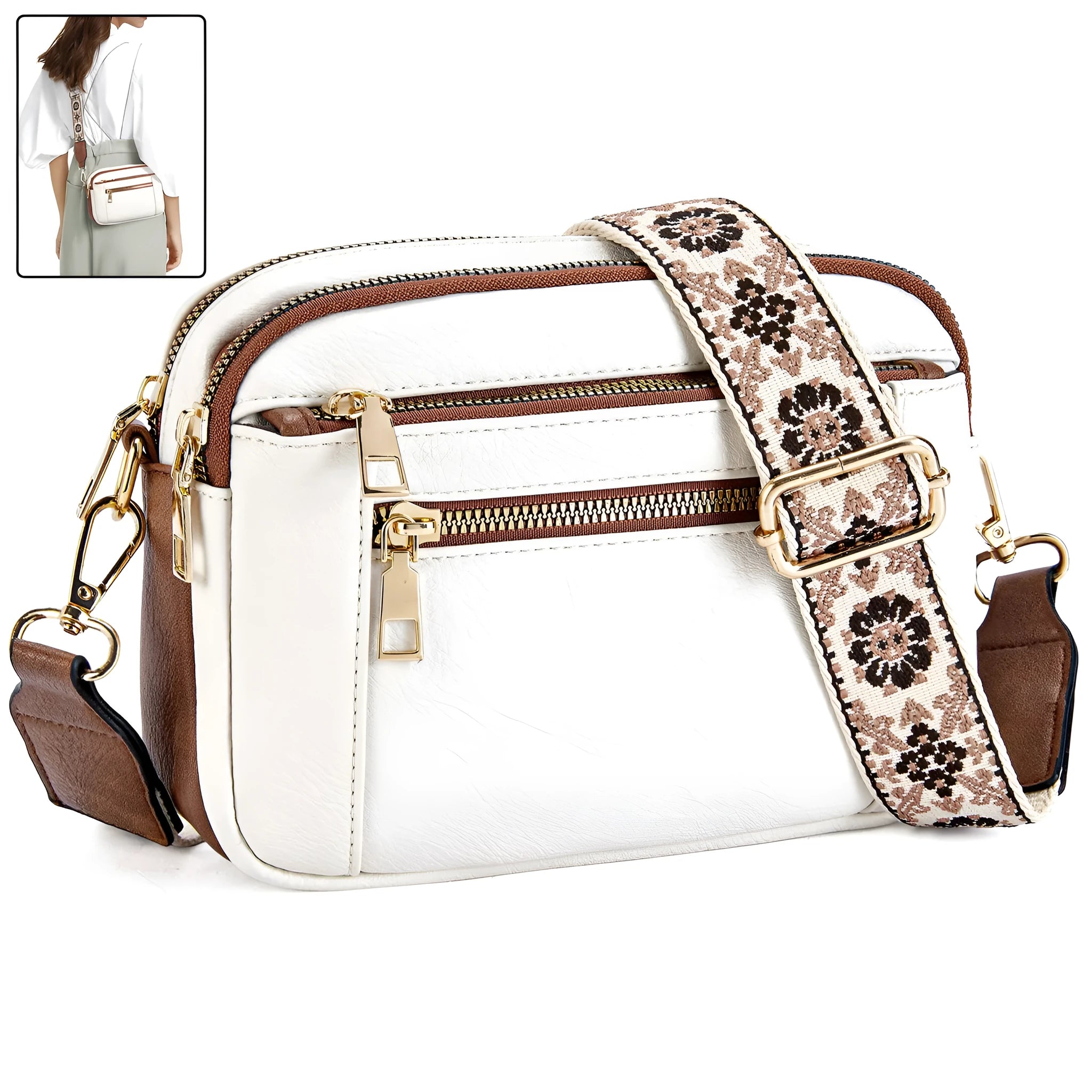 Triple-zipper shoulder bag with floral embroidered straps in colourblock finish for women