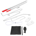 9-piece automotive emergency tool set showing air pump wedge, plastic door wedges, hooks, and crowbars for vehicle lockout situations