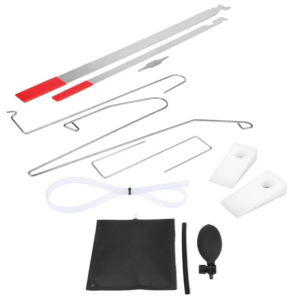 9-piece automotive emergency tool set showing air pump wedge, plastic door wedges, hooks, and crowbars for vehicle lockout situations