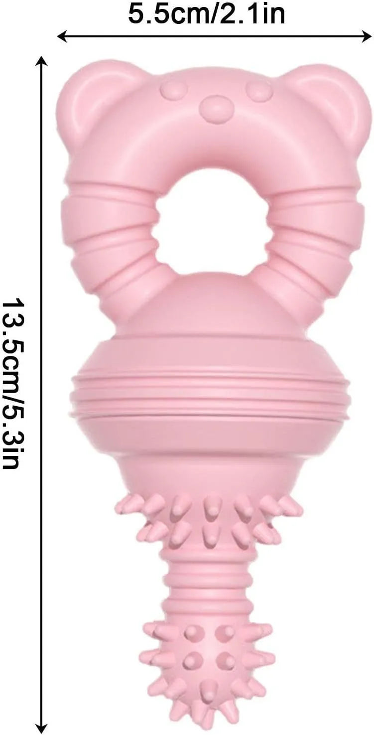 Blue, green, and pink molar-shaped rubber dog chew toy with textured surface and bell.