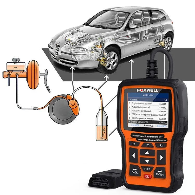 Foxwell NT510 orange black automotive diagnostic tool with OBD2 scanner and reset functions